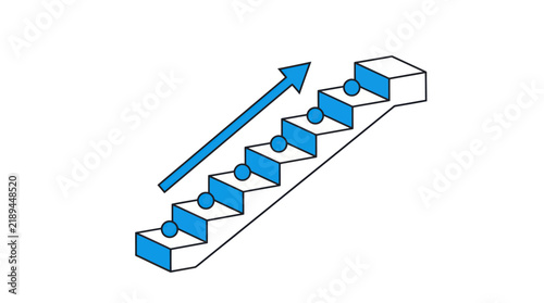 Isometric staircase with an ascending arrow and step markers represents progressive achievement and structured development.