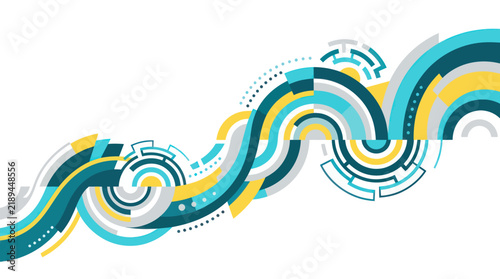 Abstract geometric wave composed of colorful curved lines and concentric circular shapes is isolated on a white background.