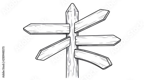 Wooden direction signpost with multiple blank arrow boards stands isolated on a plain white background.