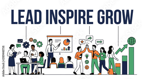 Business team members collaborate and celebrate success under the lead inspire grow banner.