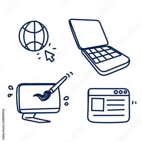 Hand drawn doodle illustration set featuring web design, technology, and digital creation concepts. Includes laptop, graphics tablet with paint brush, browser window, and globe cursor