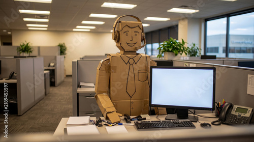 Person wearing handmade cardboard box costume with headset sits at desk in modern corporate office cubicle environment with computer monitor and office supplies on workspace surface.