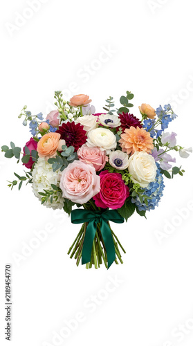 Colorful Bouquet of Fresh Flowers Tied with Green Ribbon