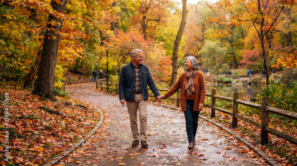 Obraz premium Elderly couple holding hands and walking along path covered in fallen autumn leaves in park with colorful trees.