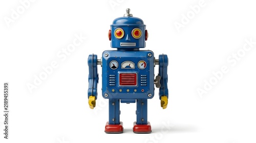 An old fashioned blue metal robot toy with glowing red eyes  dials on its chest  and yellow gripped arms  positioned frontally on a clean white surface