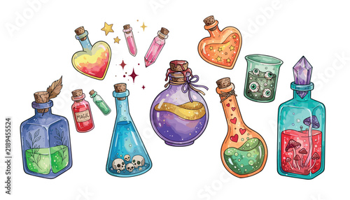 Foto Magic potion bottle and witch elixir graphic element collection