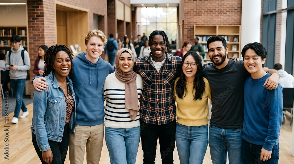 Fototapeta premium Seven young people stand close together arms around each other smiling brightly inside a spacious library featuring exposed brickwork and tall