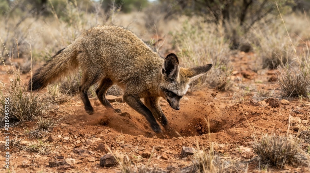 Fototapeta premium Bat-eared Fox Digging in Sandy Soil: A solitary bat-eared fox with its characteristic large ears is captured in mid-dig, its paws actively excavating a hole in the dry, sandy terrain.