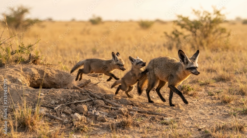 Obraz premium Bat-Eared Fox Family in the Savannah: A mother bat-eared fox leads her two playful cubs out of their burrow into the golden hues of the African savanna.