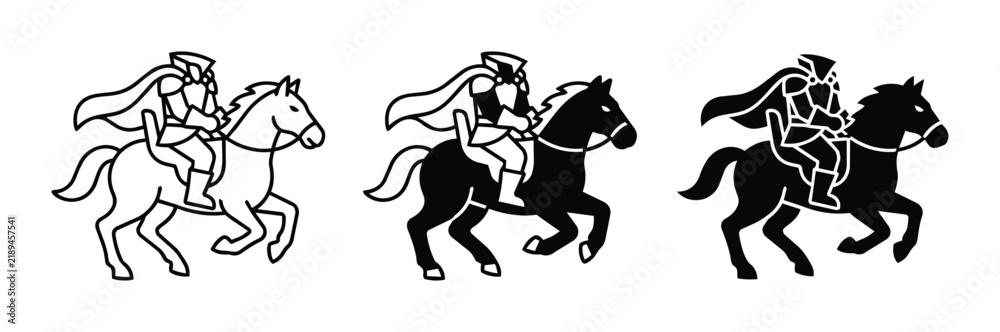 Fototapeta premium Horse Rider Icons, Silhouette & Outline, Medieval Warrior, Cavalry Vector Set