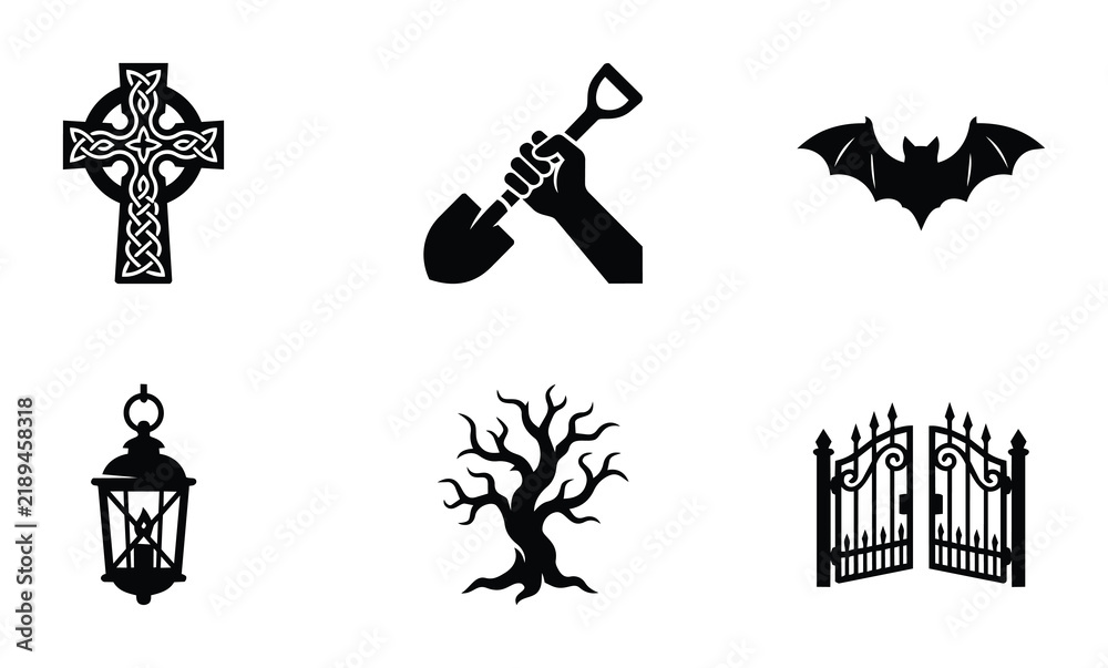 Fototapeta premium Halloween Icons Set: Celtic Cross, Shovel, Bat, Lantern, Tree, Gates Vector Graphics