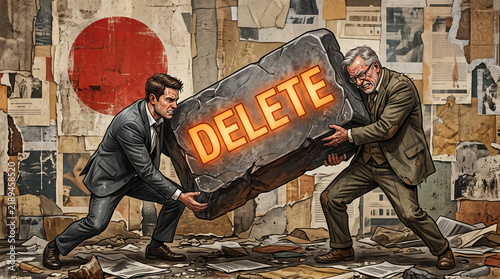 Two men strain to move a heavy stone with 