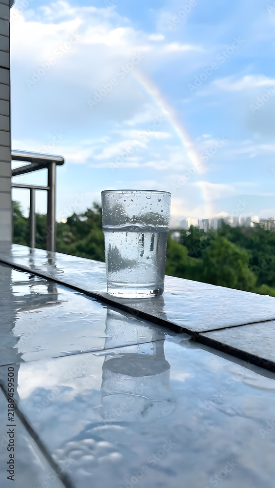 Obraz premium Glass of Water on Rainy Balcony Ledge with Rainbow and City Skyline