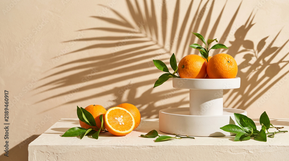 Obraz premium Oranges with green leaf accents displayed on a white pedestal and surface, with palm leaf shadows, symbolizing freshness and summer