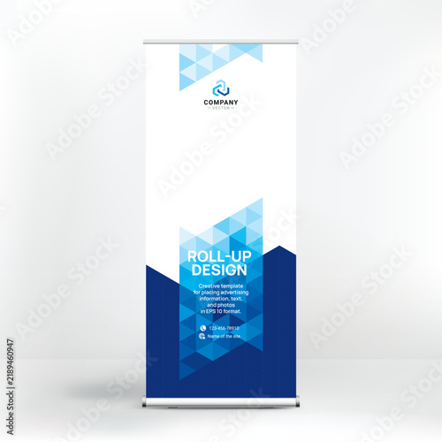 Roll-up banner design template, vertical pull-up stand layout, modern corporate presentation with blue geometric polygonal background, vector illustration EPS10