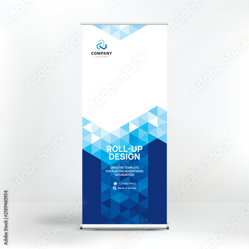 Roll-up banner design template, vertical pull-up stand layout, modern corporate presentation with blue geometric polygonal background, vector illustration EPS10
