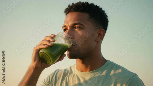 Man Drinking Green Smoothie Outdoors.