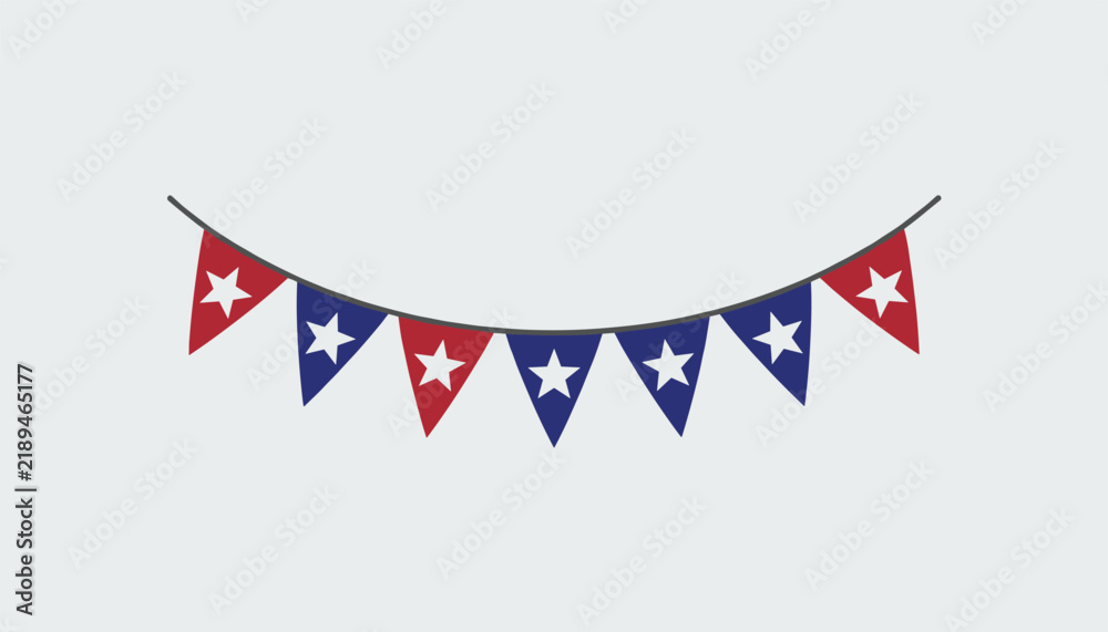 Fototapeta premium Patriotic bunting flags garland with red and blue triangular pennants featuring white stars hanging in a smooth curve.