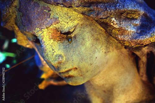 Cuadro en lienzo Close-up of an ancient weathered angel statue with a peaceful face, symbolic image of memory, grief, eternity and the passage of time