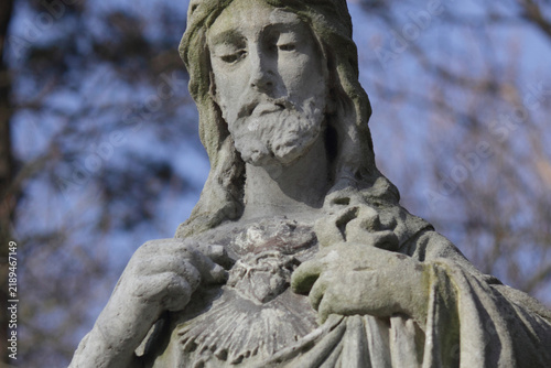 Sacred Heart of Jesus statue, traditional Christian symbol of divine love, faith, mercy and devotion.