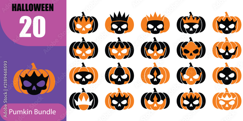 Fototapeta premium Set of twenty unique halloween pumpkin jack o lantern illustrations with spooky faces and glowing eyes