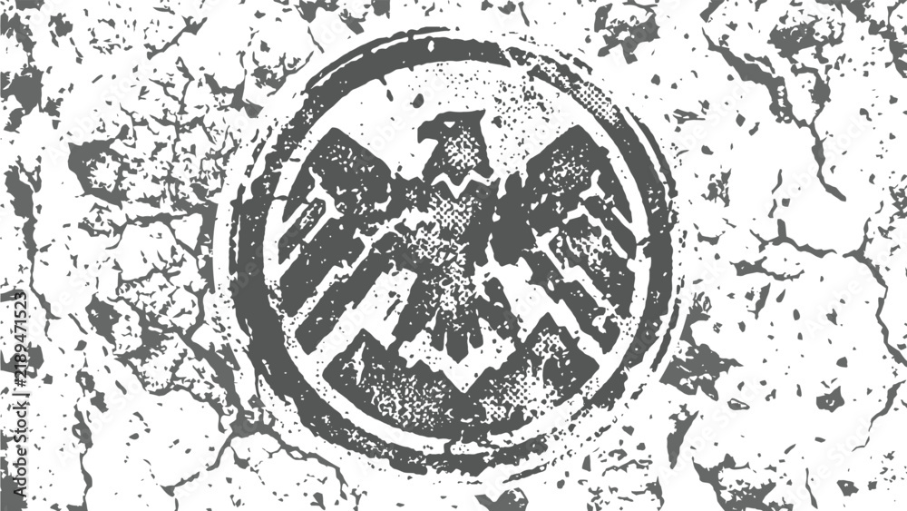 Obraz premium Distressed eagle emblem stencil on weathered cracked wall surface with grunge texture and monochromatic industrial aesthetic in a circular badge format for conceptual background.