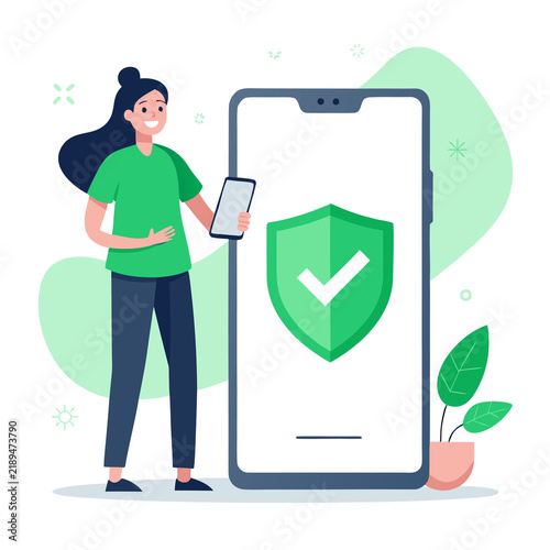 Woman standing next to a large smartphone with secure shield icon vector illustration for mobile security and data protection