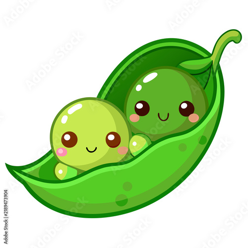 Cute smiling green peas in a pod character vector illustration for healthy eating, vegetables, and kids design concepts