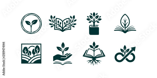 Versatile collection of graphic logos symbolizing the intertwined concepts of sustainable growth, organic knowledge, and educational development through nature-inspired designs