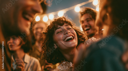 A joyful gathering of friends celebrating together under warm lights