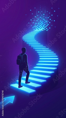 Person walking along glowing digital pathway into future technology