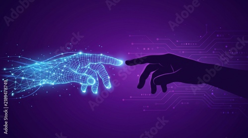 Digital hand reaching toward human hand over futuristic network