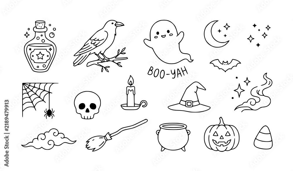 Obraz premium Hand Drawn Doodle Halloween Set with Pumpkin Ghost Witch Hat and Skull Vector Illustration Collection