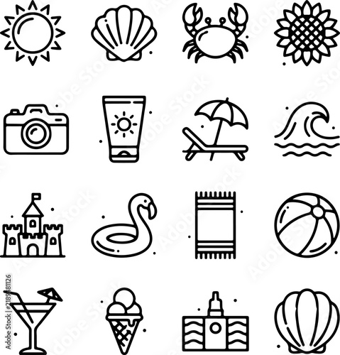 Summer icons collection featuring vacation and beach items.