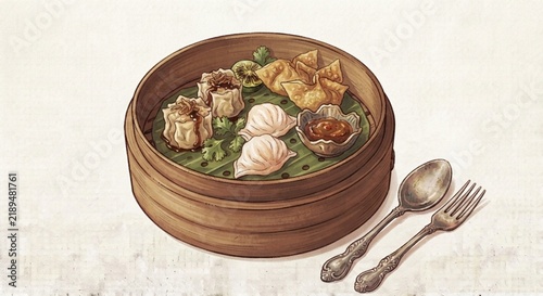 Asian Dim Sum Steamed Dumplings Food Illustration