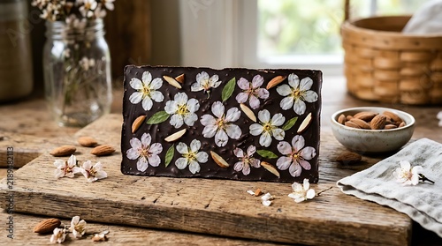Dark chocolate bar decorated with edible almond blossoms and nuts on wood