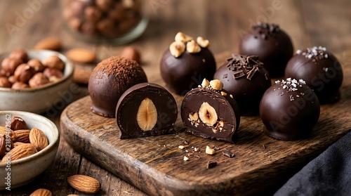 Dark chocolate truffles with hazelnuts on a rustic wooden cutting board