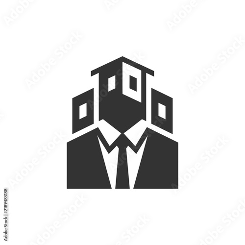 Minimalist Real Estate Agent Logo Icon Featuring A Businessman With Building Head.