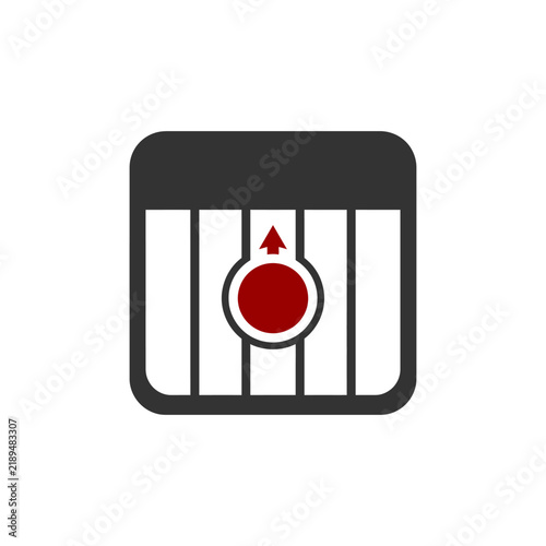 Abstract minimalist icon design featuring a vertical bar grid with a red circular focus point and upward arrow.