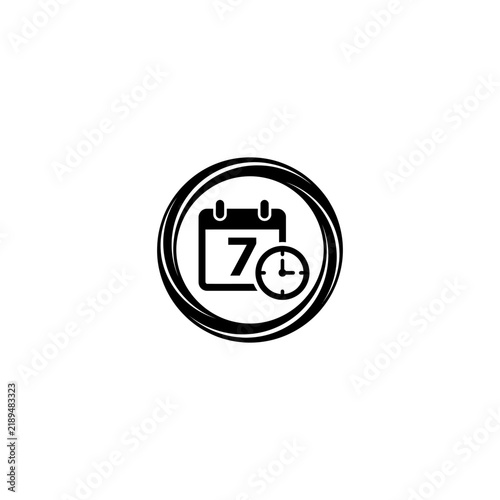 Black and white icon showing a calendar with the number seven and a clock.