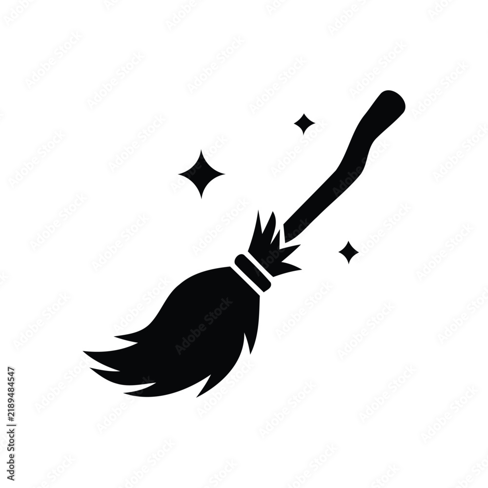 Fototapeta premium Black silhouette of a broom with sparkle effects on a white background