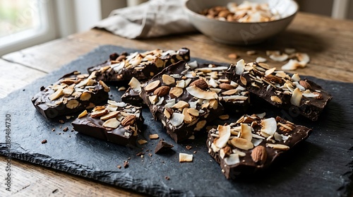 Homemade dark chocolate bark with almonds and coconut on slate board. Healthy snack pieces on a rustic table.
