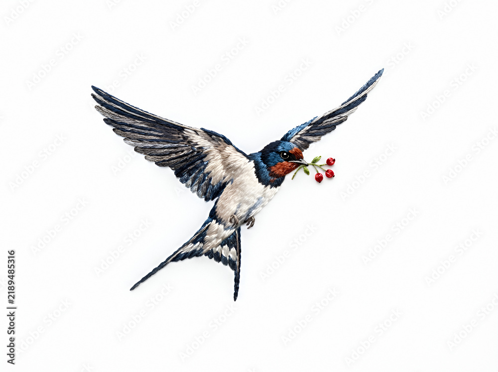 Obraz premium Hummingbird in flight carrying red berries