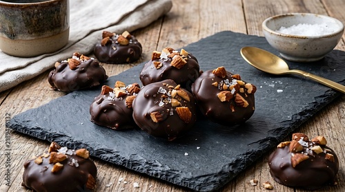 Salted dark chocolate almond clusters on a slate platter over wood.
