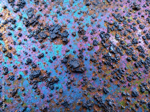 Heat-Tinted Weathered Steel Slag Patina Macro Texture Background with Iridescent Colors