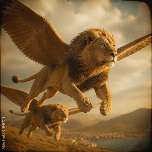 Majestic Winged Lions Soaring: Two powerful lions, endowed with majestic wings, ascend through the golden-hued sky, leaving a picturesque landscape of mountains and a city below.