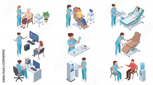 Medical healthcare and hospital service isometric character set
