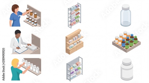 Isometric pharmacy set with pharmacists and medicine supplies