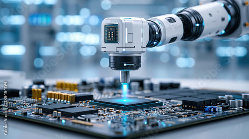 Precision robotic arm soldering microchip on circuit board with blue inspection light and futuristic clean laboratory ambiance