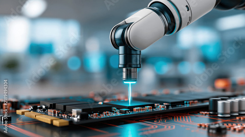 Robotic arm laser soldering microchip on circuit board in high tech clean workshop, precise futuristic manufacturing and focused engineering scene